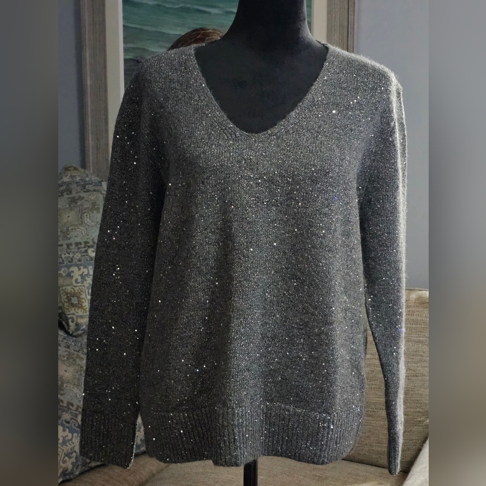 Mango V-neck Sequin Sweater Sz L
